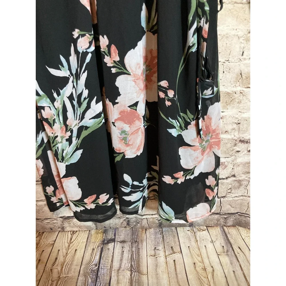 Luxology Dress Womens 14 Dark Romantic Floral Belted Cinched Sleeves Tropical - Picture 6 of 12